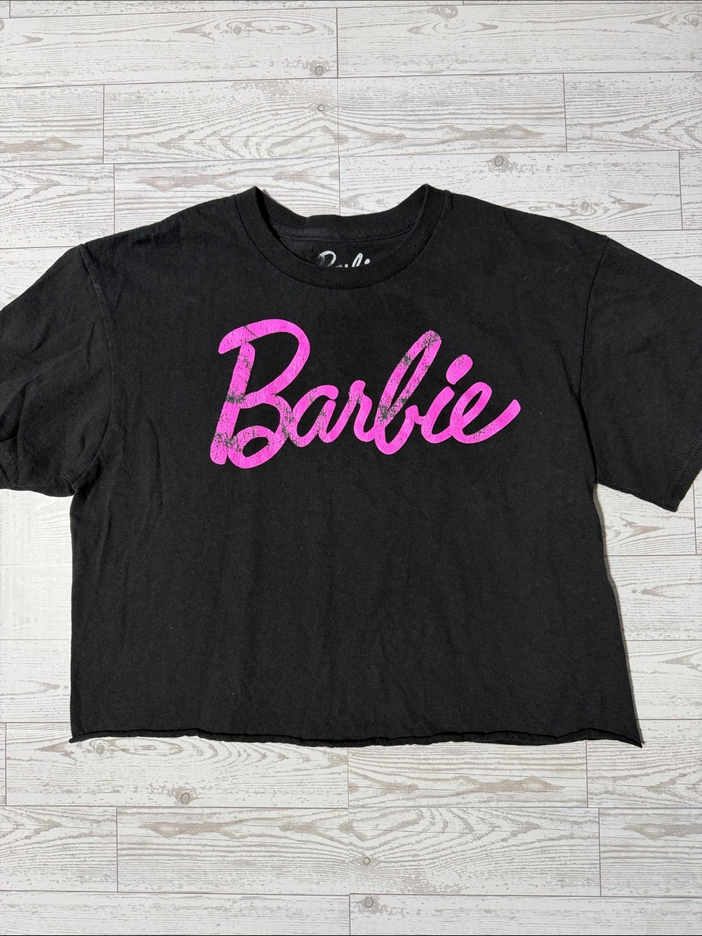 Barbie Black Cropped Tee with Hot Pink Script Logo